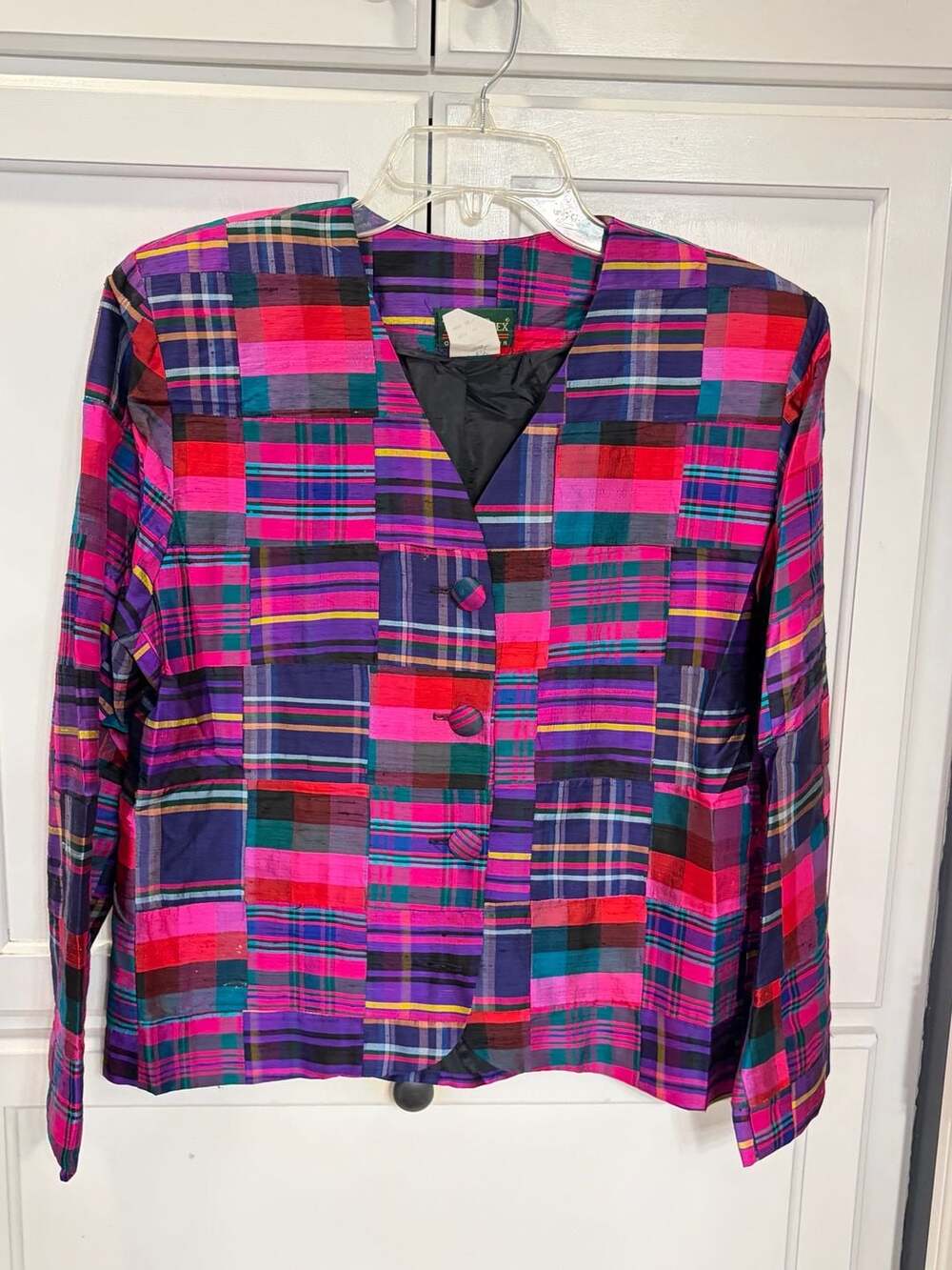 Vintage TailorFlex 100% Silk Patchwork Plaid Jacket Women’s 10 Made USA 80s 90s